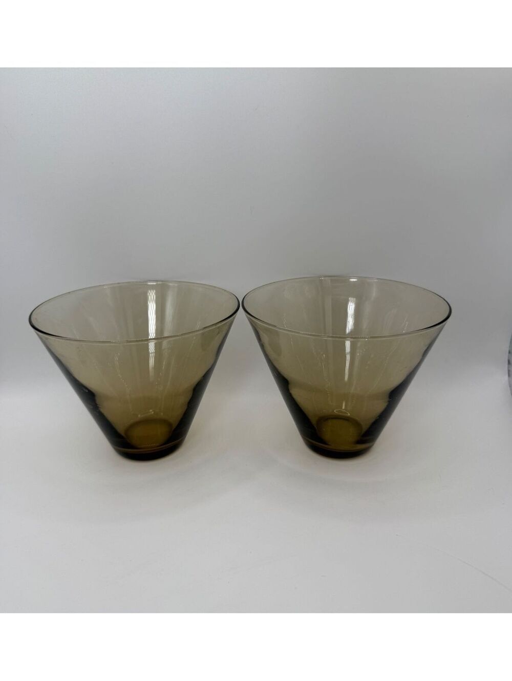 Pair Smoky Amber Glass Stemless Martini Glasses Vintage Mid Century Libbey